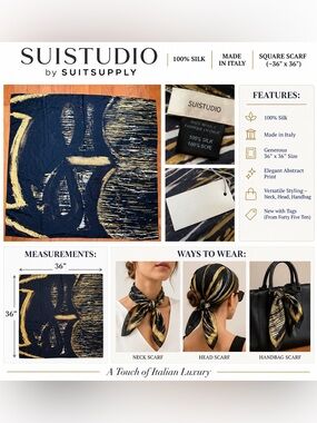 Suistudio by Suitsupply 100% Silk Square Scarf Black Gold Abstract Print